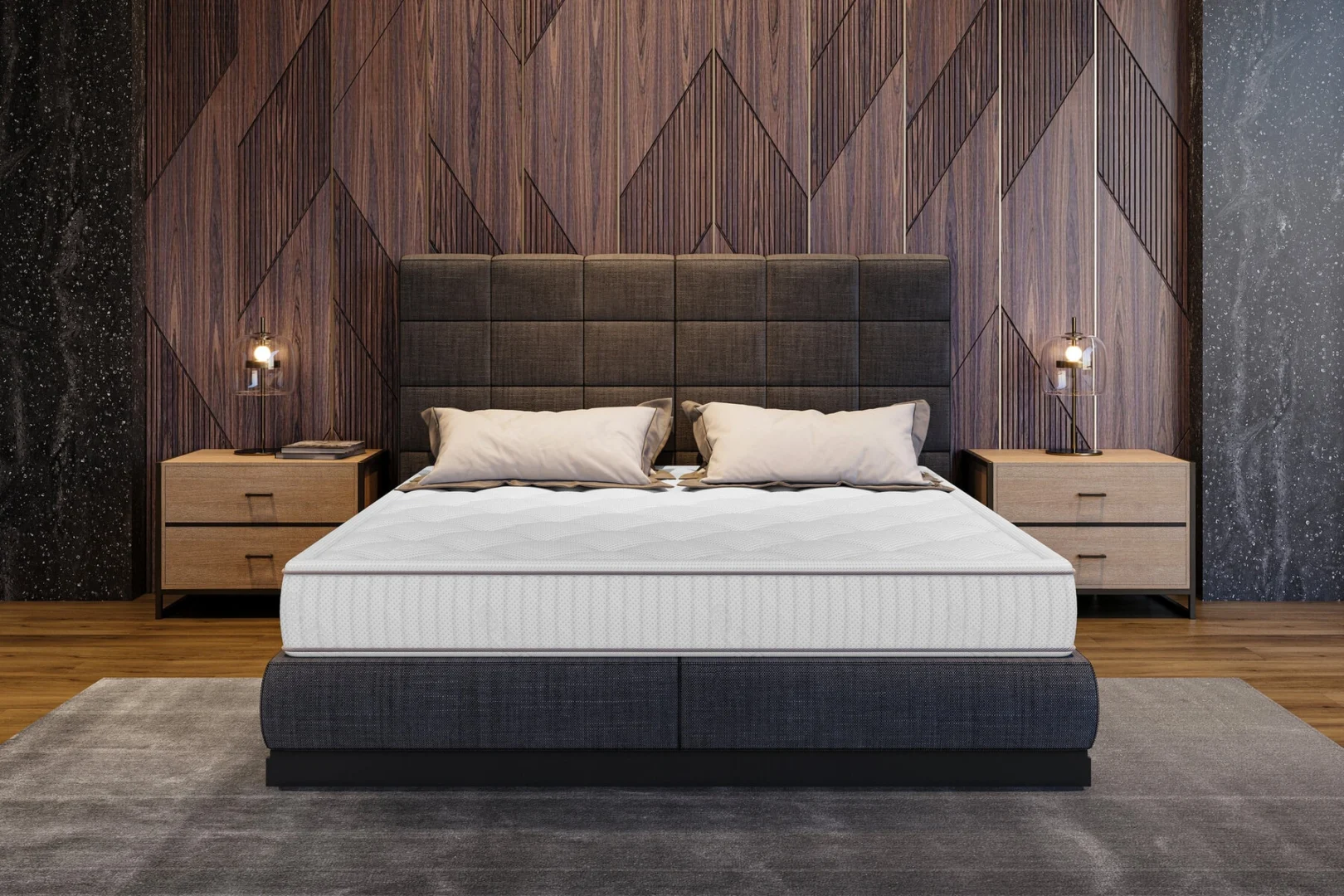 Matras Siernund 160x200 met witte hoes, stevig hybride koudschuim en pocketveren in moderne slaapkamer