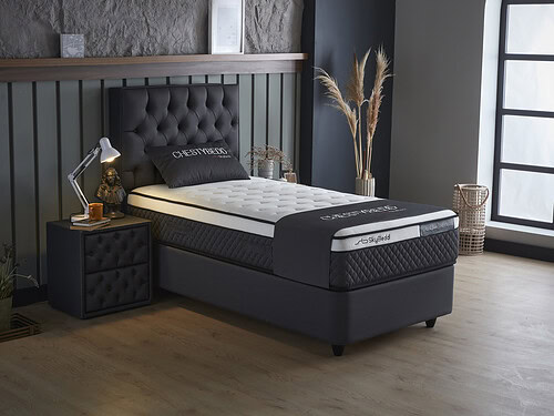 Boxspring Veirdora Antraciet 90x200 met fluwelen bekleding, hoog gecapitonneerd hoofdbord en hybride matras
