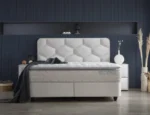 SKYBEDD® Dolcebedd boxspring beige 160x200 met fluwelen hoofdbord, hybride matras en zwarte kegelpoten