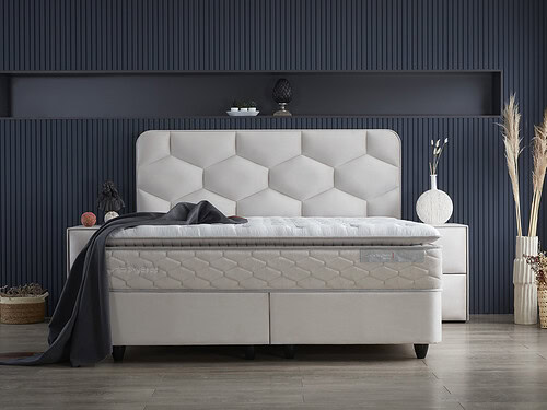 SKYBEDD® Dolcebedd boxspring beige 160x200 met fluwelen hoofdbord, hybride matras en zwarte kegelpoten