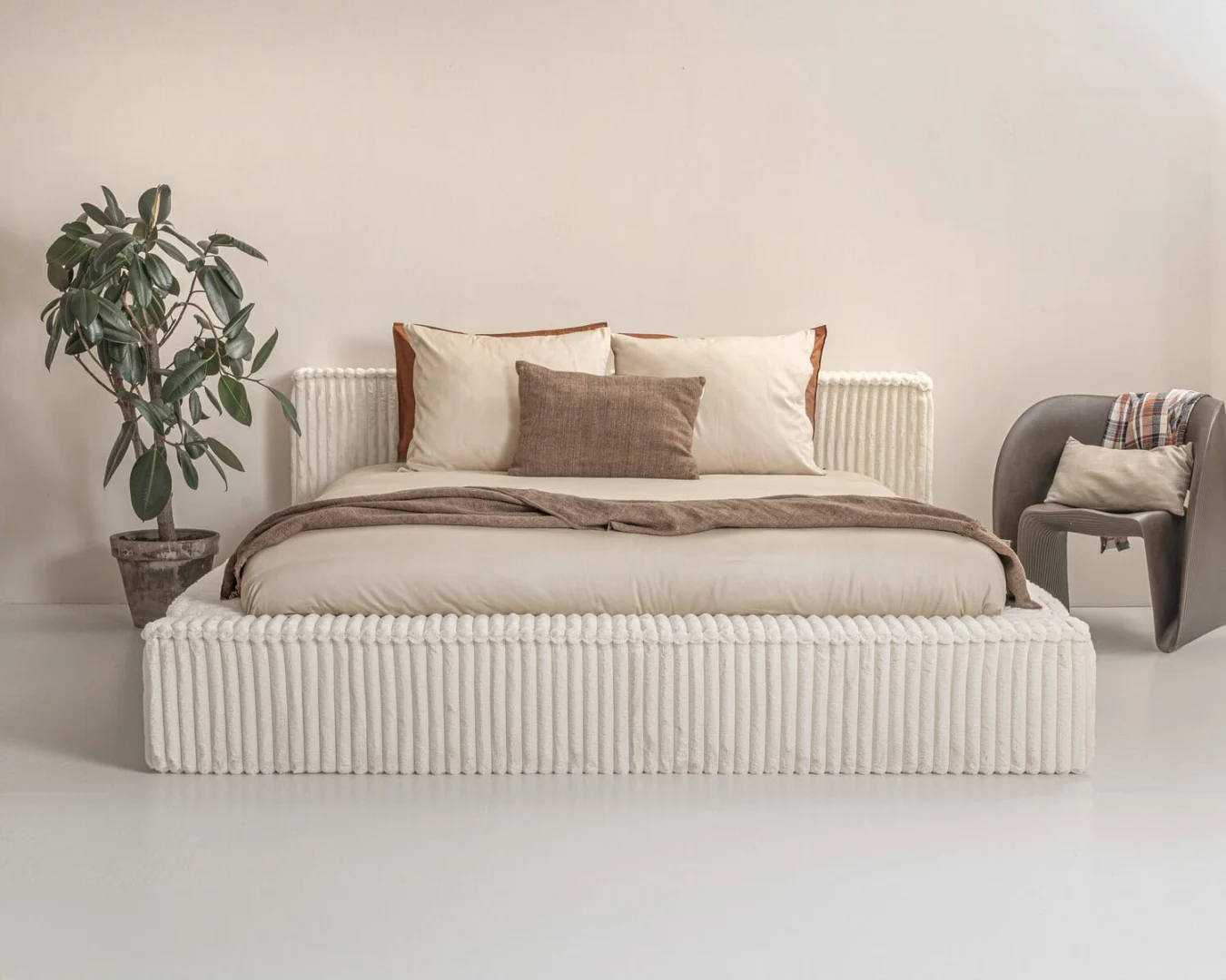 Adore Opberg Melody boxspring beige 140x200 met rib-teddy bekleding en afgerond hoofdbord