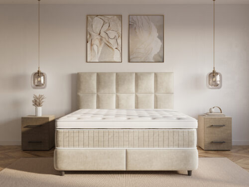 Beige Dreamhouse Neroli boxspring 140x200 met fluwelen bekleding en gestoffeerd hoofdbord