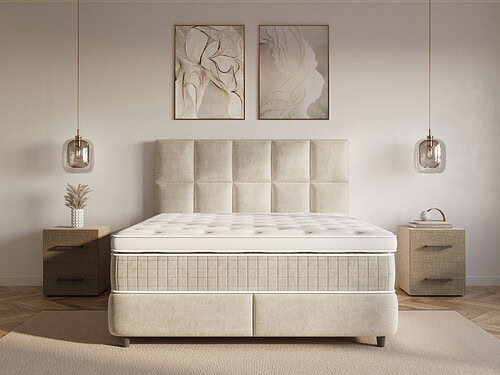 Boxspring Slauskan Beige 160x200 met fluwelen hoofdbord en opbergruimte