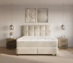 Dreamhouse Neroli boxspring 180x200 in beige fluweel met hoofdbord en moderne, luxe uitstraling
