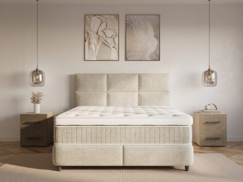 Beige Dreamhouse Verdo boxspring 140x200 met hoofdbord, zachte fluwelen look en opbergruimte