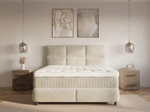 Beige Dreamhouse Verdo boxspring 140x200 met hoofdbord, zachte fluwelen look en opbergruimte