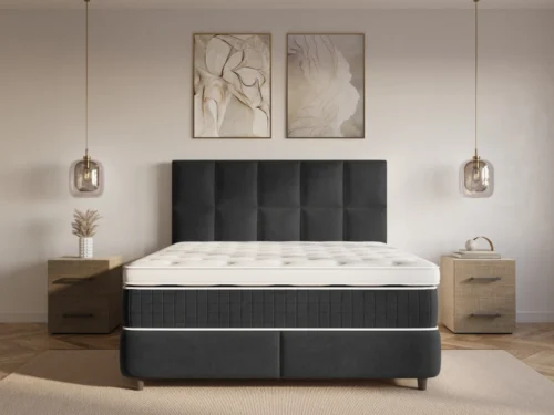 Boxspring Kaantil Zwart 180x220 met hoog hoofdbord en velvet look in een stijlvolle slaapkamer