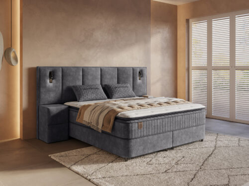 Boxspring Tollane antraciet 160x200 met gecapitonneerd hoofdbord, pocket HR-matras en nachtkastje links