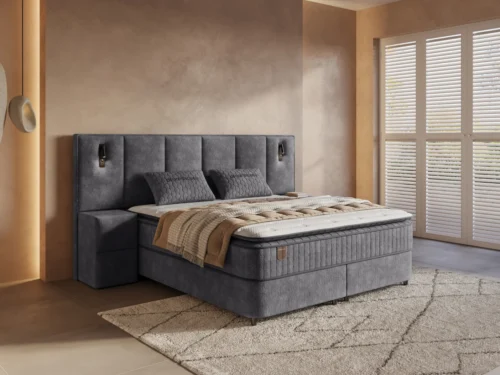 Boxspring Tollane antraciet 160x200 met gecapitonneerd hoofdbord, pocket HR-matras en nachtkastje links