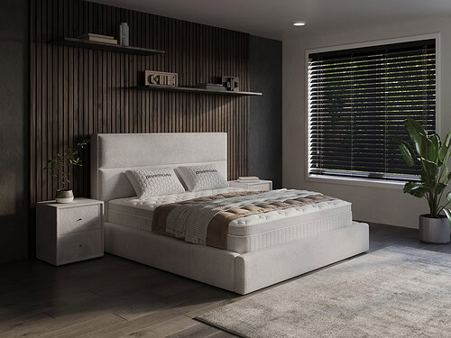 Boxspring Sturnia beige 180x200 met hoofdbord, opbergfunctie en zachte chenille bekleding in moderne slaapkamer
