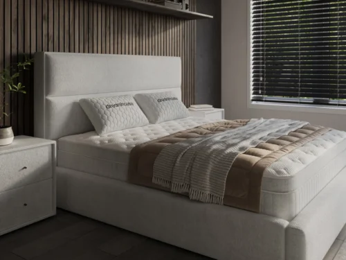 Beige Nachtkastje Laalo naast bed, bekleed met chenille, met lade en compact formaat