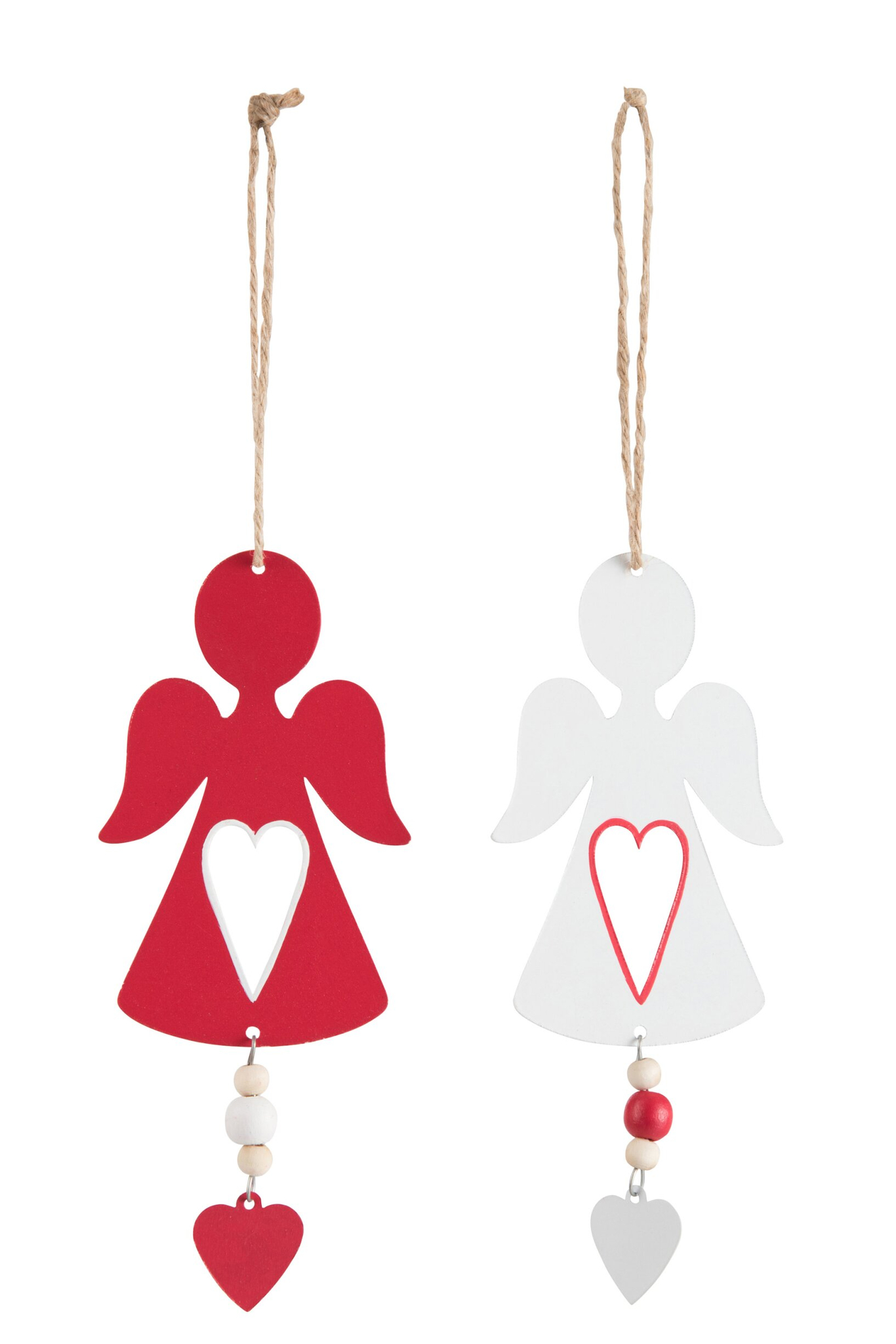 Steisane metalen engeltjes set van 2, wit en rood met hangkoord en hartdetails