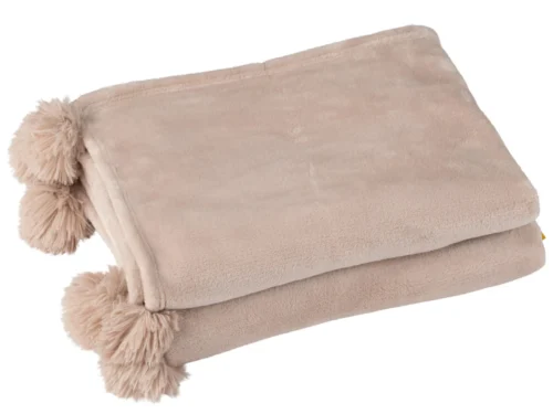 Plaid Kleta Grijs met zachte stof en speelse pompons, opgevouwen in een warme neutrale tint