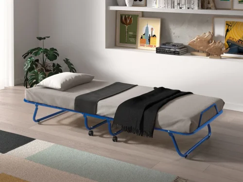 Plooibed Fienos Blauw 80x190 met matras, compact inklapbaar logeerbed op wielen in moderne kamer