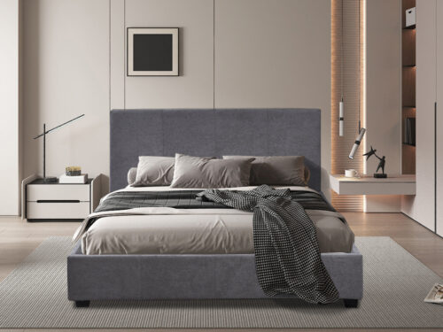 Bed Tuder grijs 140x200, stijlvol gestoffeerd bed met hoog hoofdbord in rustige slaapkamer