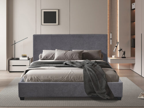 Bed Stieskano 160 x 200 grijs gestoffeerd met hoog hoofdbord in moderne slaapkamer