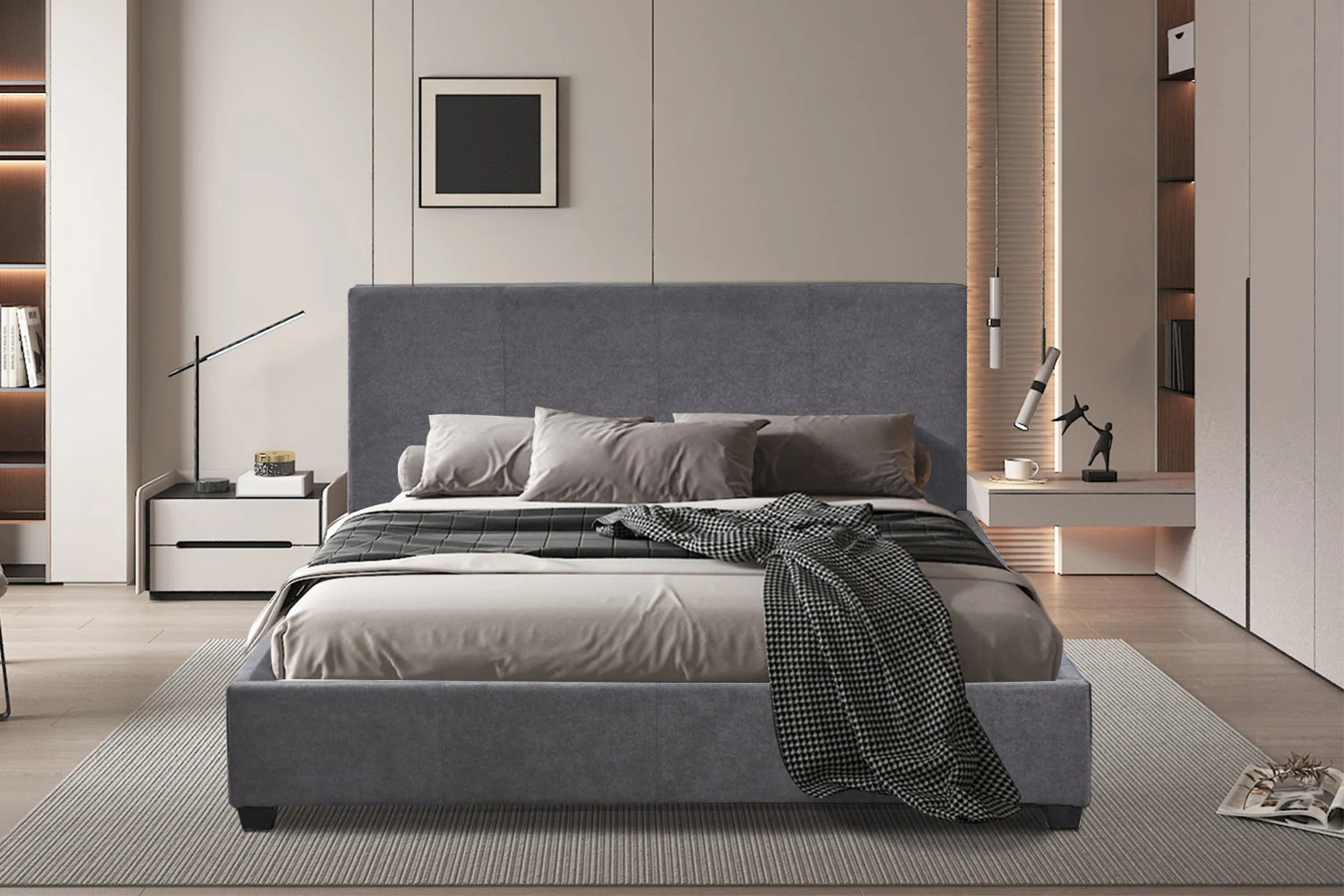 Bed Stieskano 160 x 200 grijs gestoffeerd met hoog hoofdbord in moderne slaapkamer