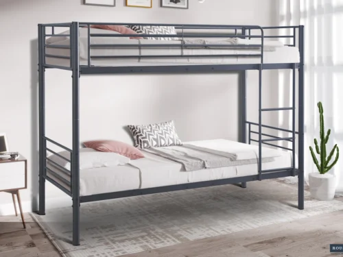 Stapelbed Flaldona 90 x 200 in donkergrijs met twee slaapplaatsen, ladder en stevige veiligheidsrails