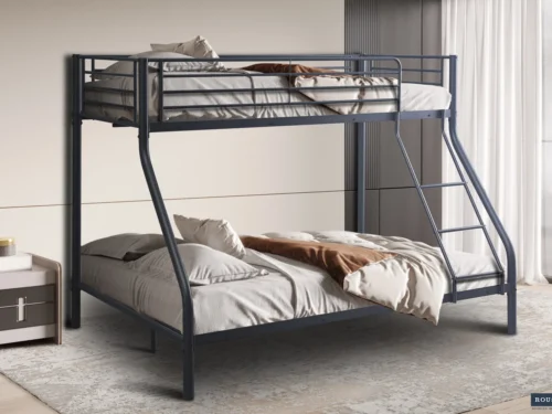 Stapelbed Traalto 90x200 set van 3 in donkerblauw met ladder en twee slaapplaatsen in moderne slaapkamer