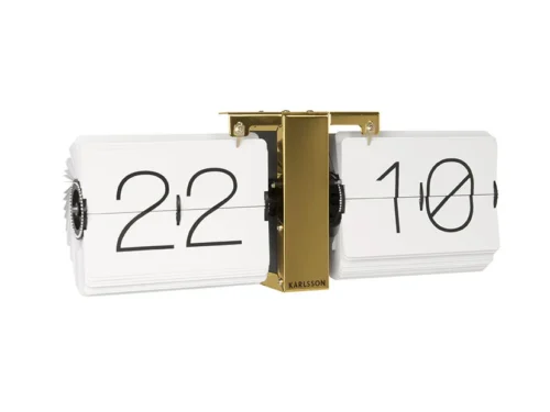 Karlsson Teessone Wit flip klok met witte kaarten, retro design en goudkleurige behuizing