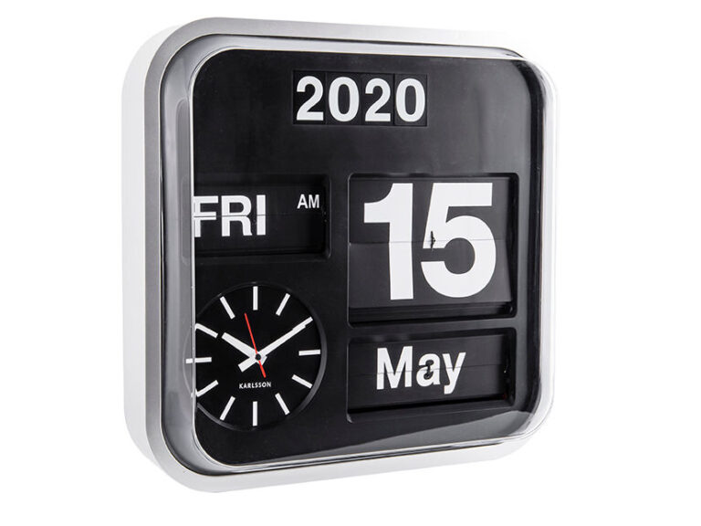 Karlsson Big Flip wandklok zilver met dag, datum, tijd en retro design in zwart display