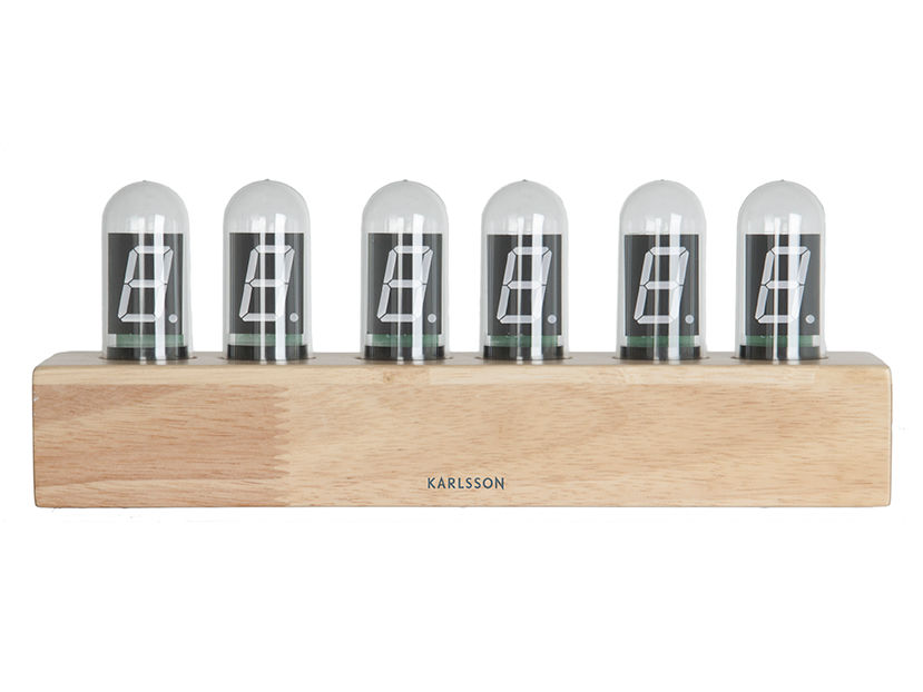 Tafelklok Baflo Rood met houten basis en rode digitale lichttubes, modern design van Karlsson