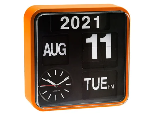 Karlsson Wandklok Mini Flip oranje, retro 50s design met datum, dag en analoge klok