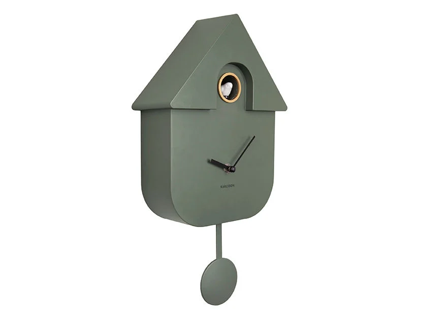 Wandklok Nooskek Groen van Karlsson, moderne koekoeksklok met metallic frame en pendel