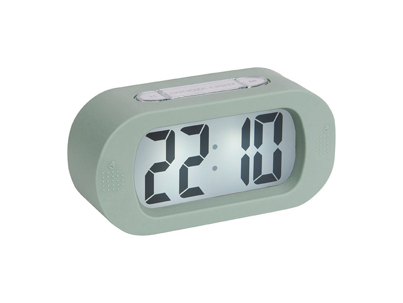 Wekker Sudano Groen, compacte digitale wekker met slanke siliconen behuizing in zachte groentint, 22:10 op display