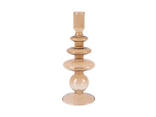 Kandelaar Belora van bruin glas met slank design en elegante, gelaagde vormen