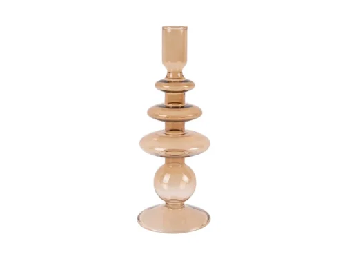 Kandelaar Belora van bruin glas met slank design en elegante, gelaagde vormen