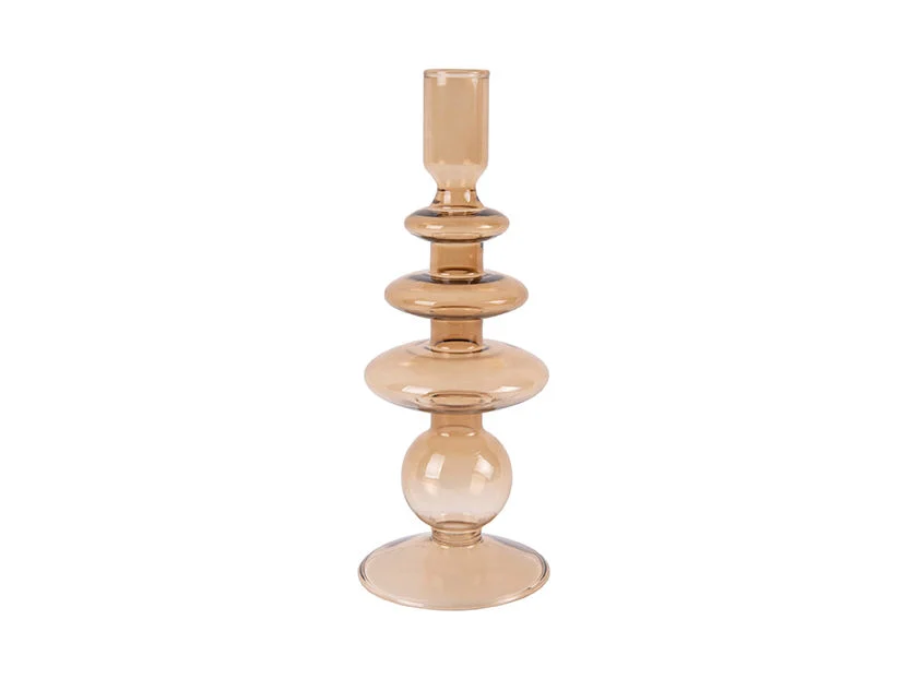 Kandelaar Belora van bruin glas met slank design en elegante, gelaagde vormen