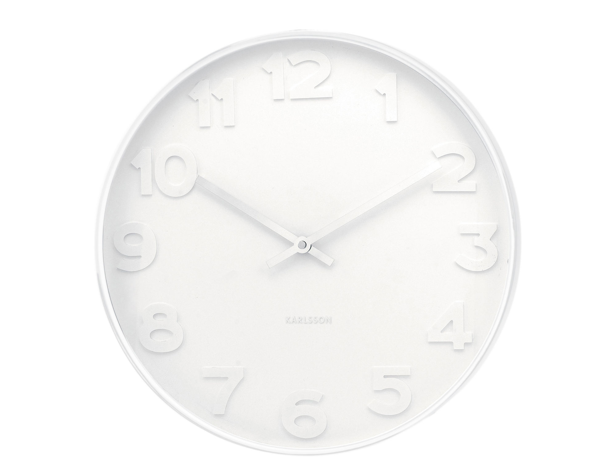 Wandklok Fiben Wit, ronde witte designklok met reliëfcijfers en minimalistische wijzers, 51 cm