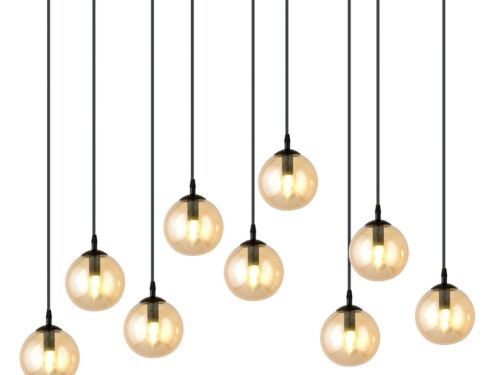 Hanglamp Votin zwart Ø14 cm met 9 amber glazen bollen en verstelbare snoeren