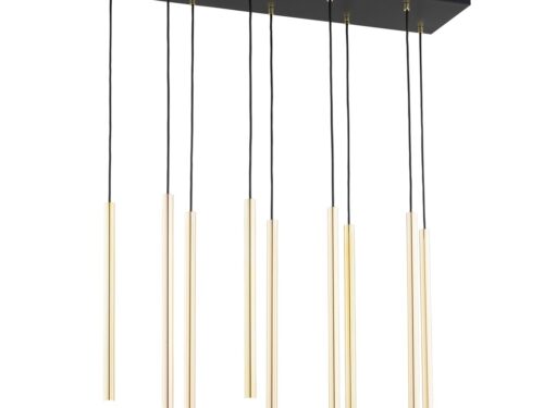 Hanglamp Steetond zwart met goudkleurige details, verstelbare kabels en slanke buisvormige pendels