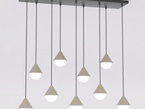 Hanglamp Skolvu Zwart Ø10 cm met 8 pendels, beige kappen en witte glazen bollen op zwarte plafondbalk