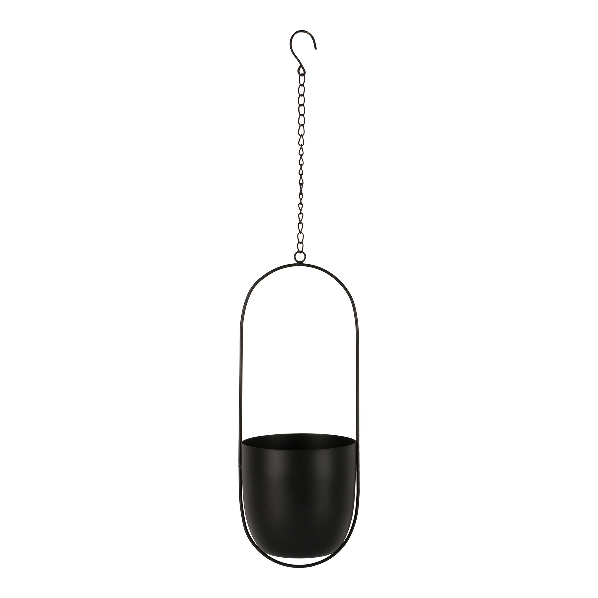 Bloempot Sliellik van zwart metaal, hangend design met ketting en strakke, moderne vorm