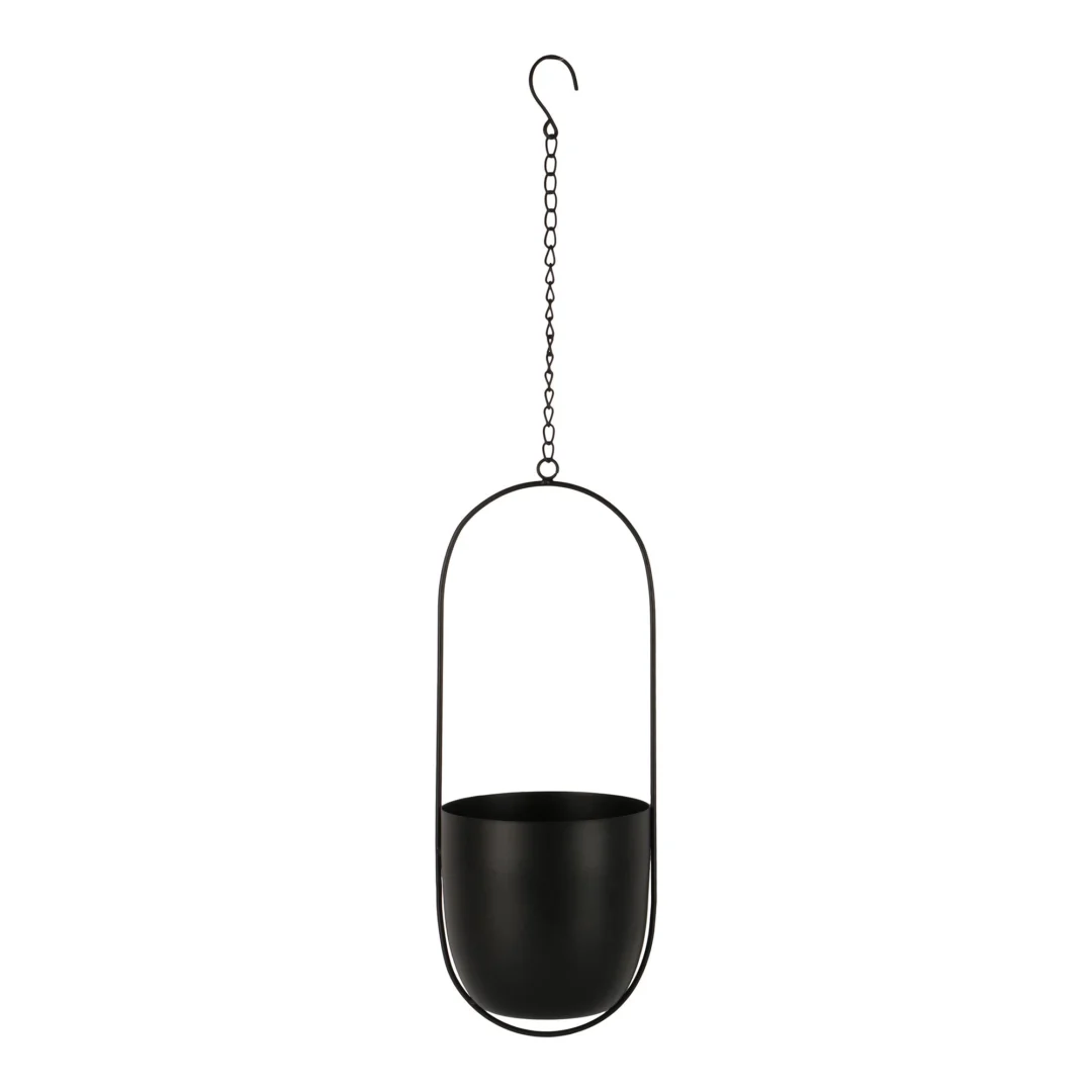 Bloempot Sliellik van zwart metaal, hangend design met ketting en strakke, moderne vorm