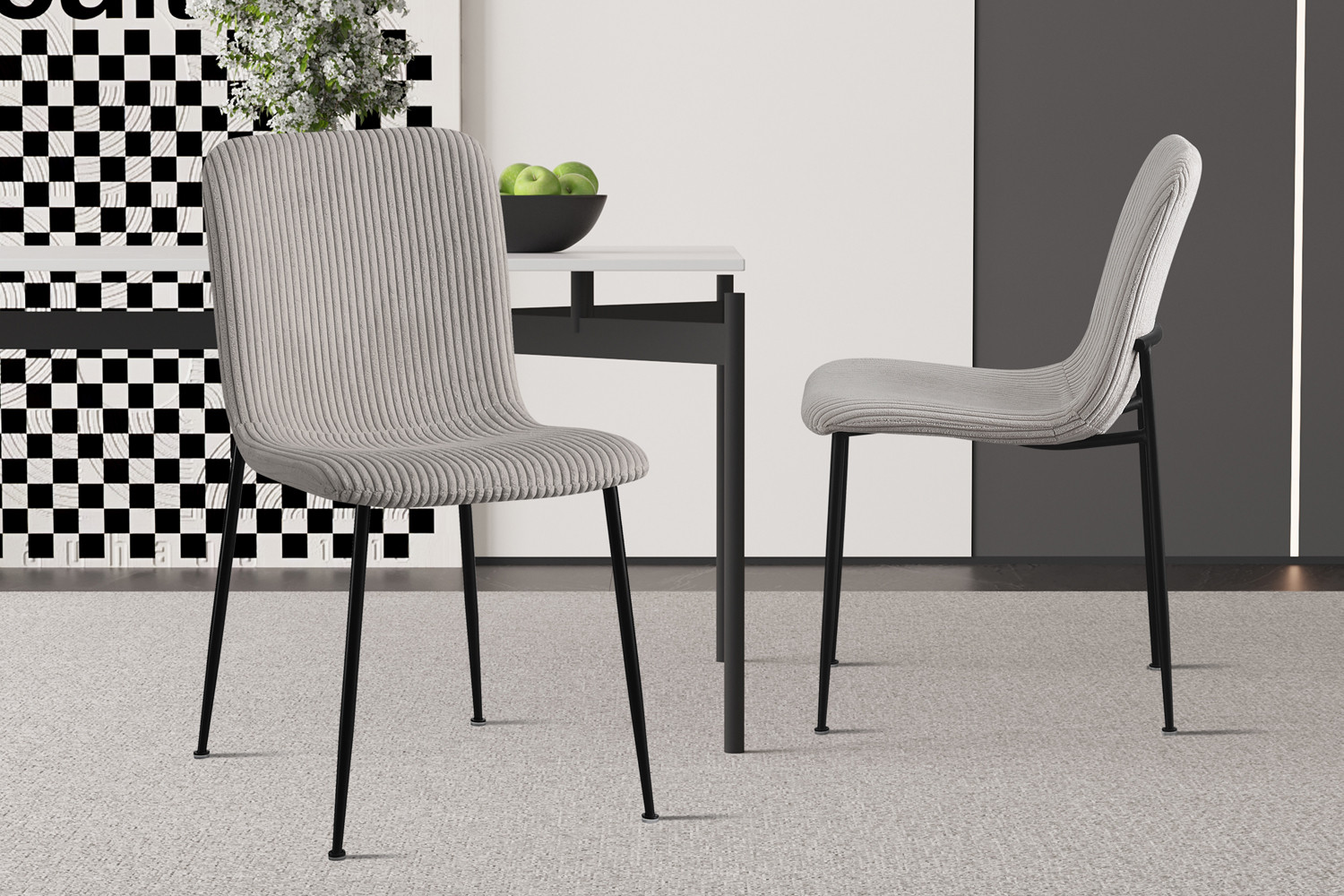 Stoel Peelvil in lichtgrijs ribfluweel met slanke zwarte poten in een modern interieur