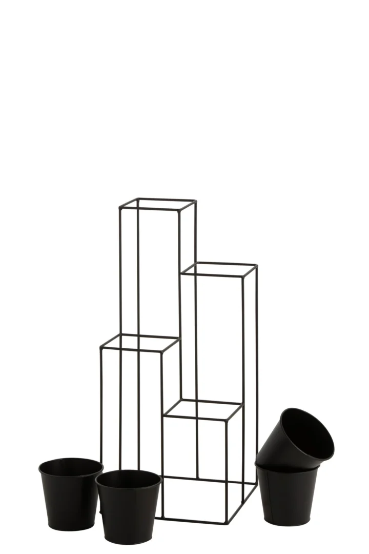 Bloempot Seekar zwart metaal, hoge plantenstandaard voor 4 potten, slank en compact design