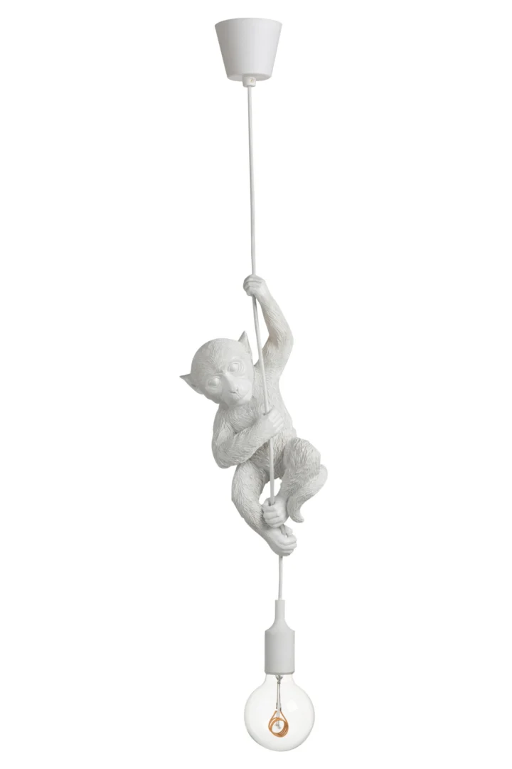 Witte Hanglamp Bustello Steen met aapvorm, slank silhouet en opvallende lichtbronhouder