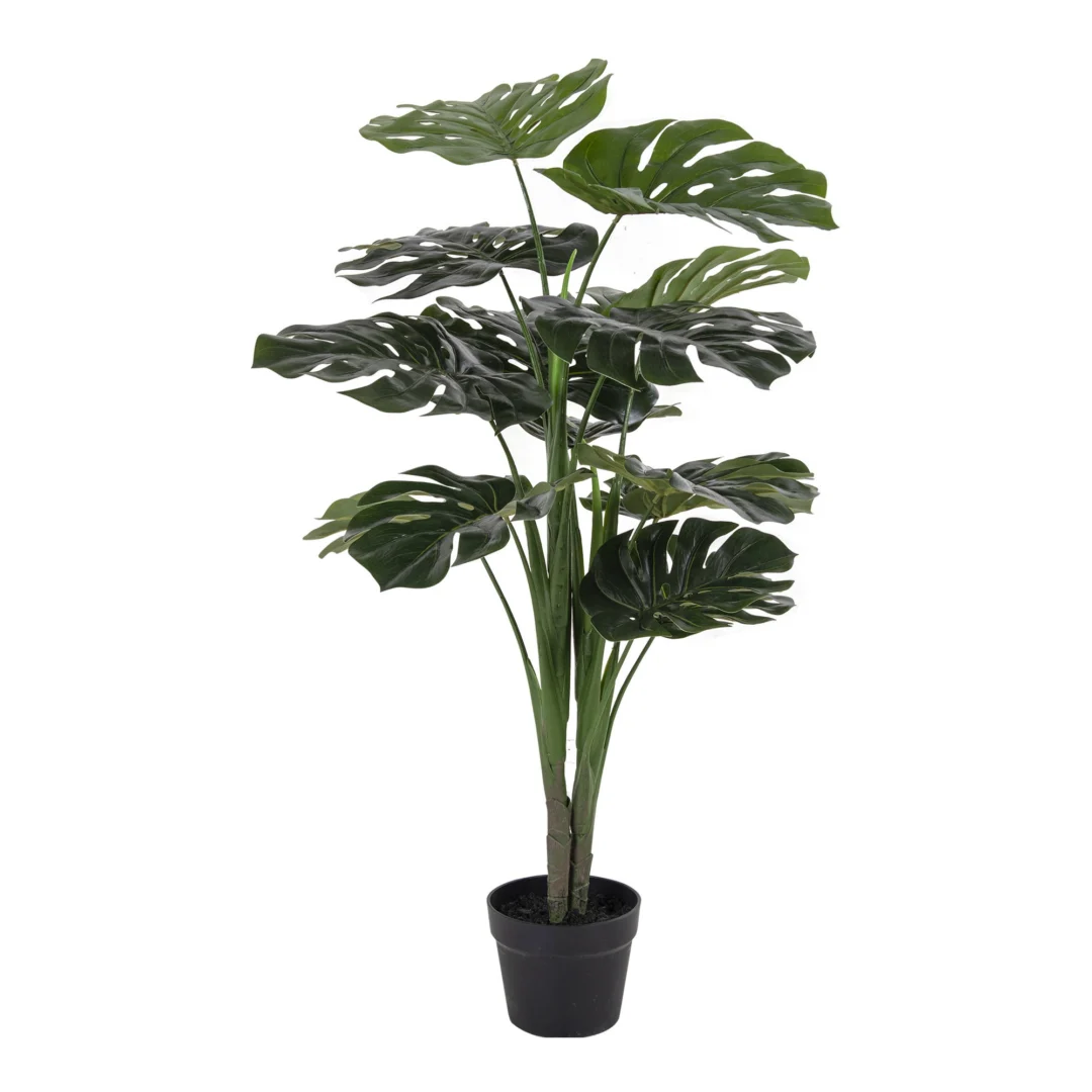 Kunstplant Grolira van 90 cm met brede groene bladeren in zwarte pot, realistische Monstera-look zonder onderhoud