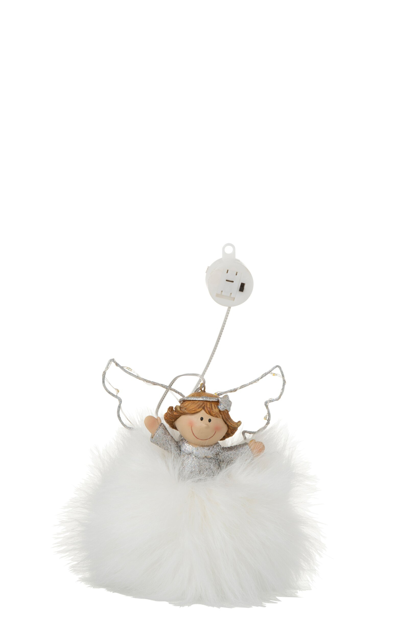 Decoratiefiguur Jeskaro wit en zilver, engel met fluffy onderstuk en speelse kerstuitstraling, H13 cm