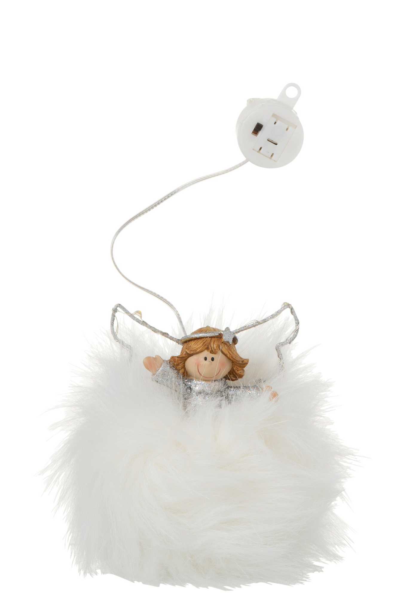 Decoratiefiguur Gurnon wit met zilveren accenten, engel in fluffy winterse afwerking en ophanglus