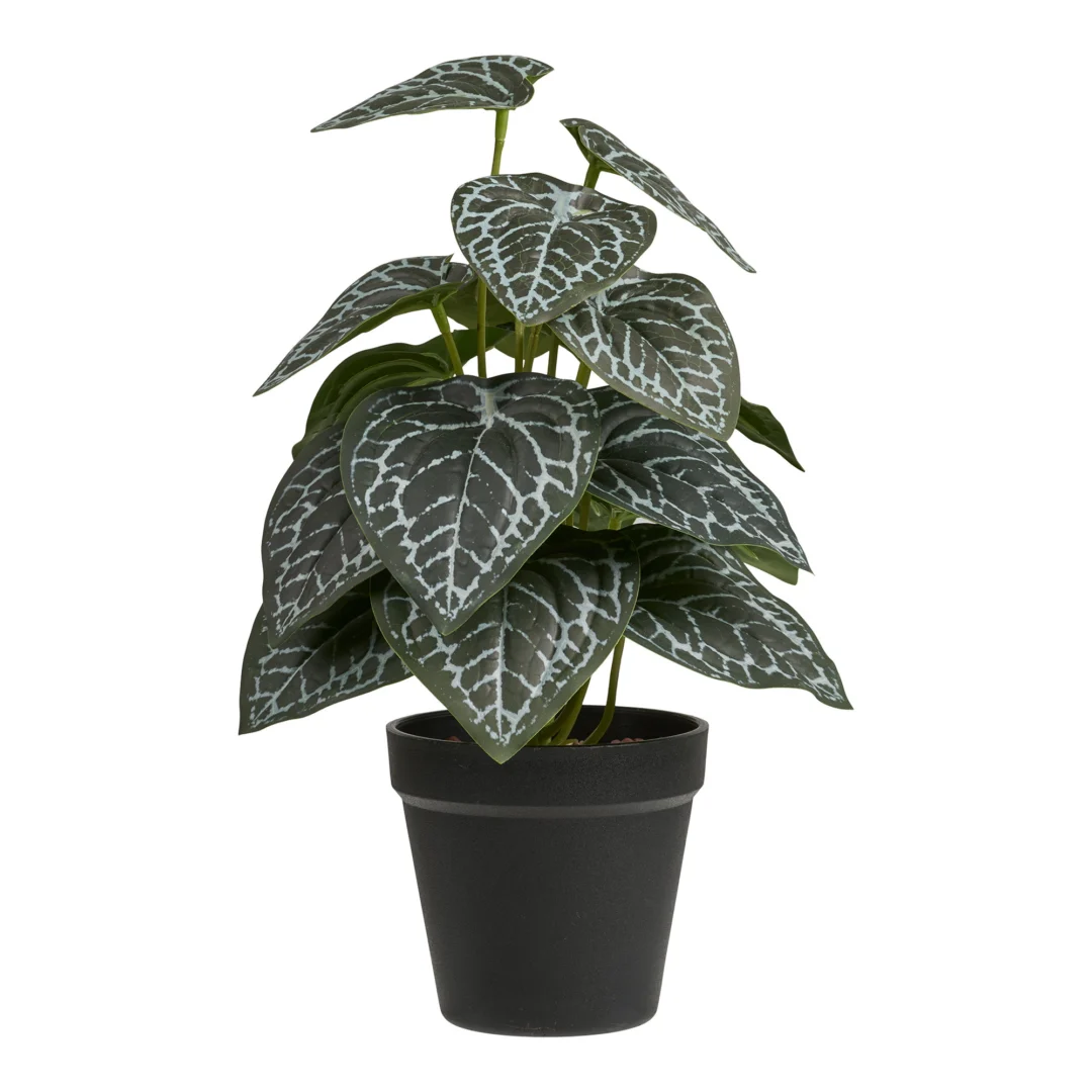 Kunstplant Skiemoro in zwarte pot met groen gemarmerde bladeren, 33 cm hoog, van kunststof