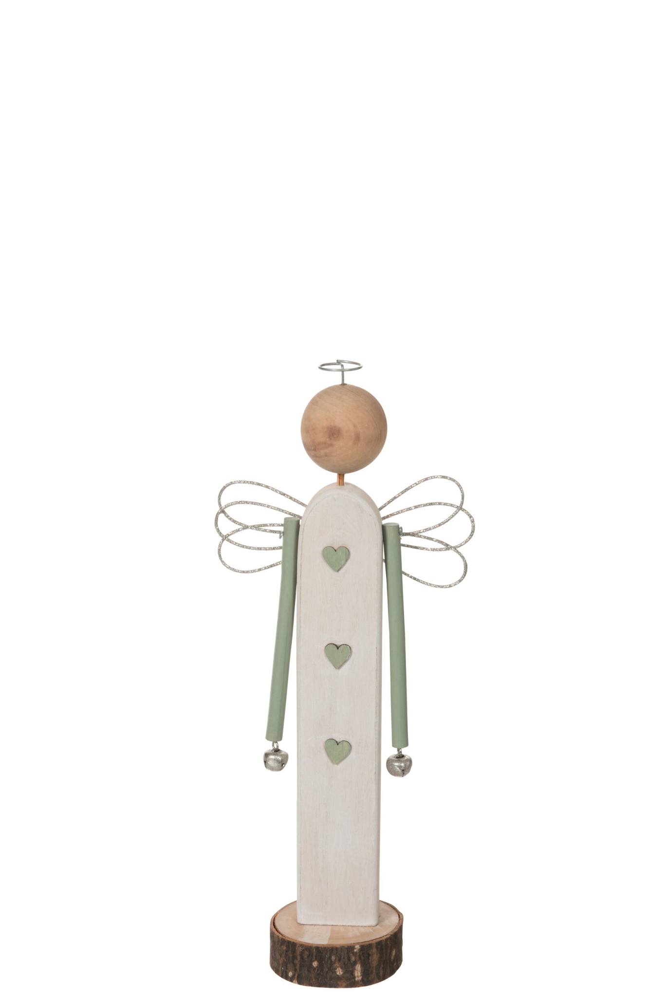 Jeelvi houten engel decoratiefiguur wit en lichtgroen, H35 cm, met hartjes en vleugels