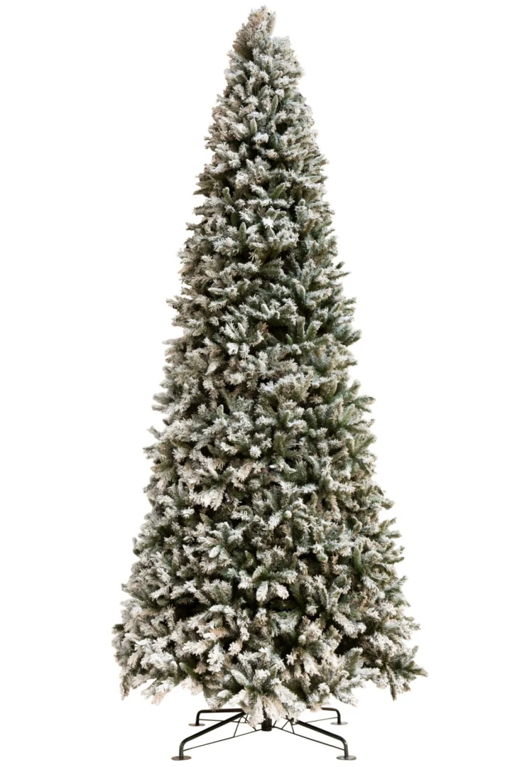 Kerstboom Flaunnos Wit H450 cm, extra hoge besneeuwde kunstkerstboom met stevige metalen voet