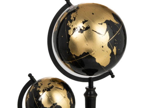 Wereldbol Jonsen zwart met goudkleurige details en stevige zwarte standaard, decoratief woonaccessoire