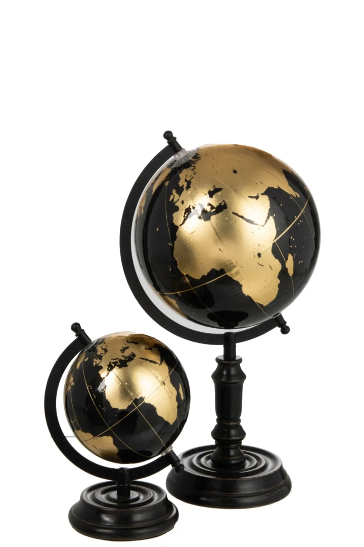 Wereldbol Jonsen zwart met goudkleurige details en stevige zwarte standaard, decoratief woonaccessoire