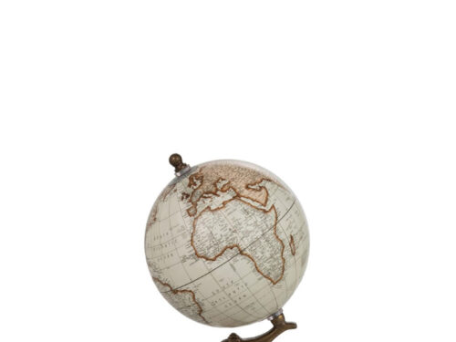 Wereldbol Meenar wit op houten voet, compact decoratief accent met vintage kaart en naturel details